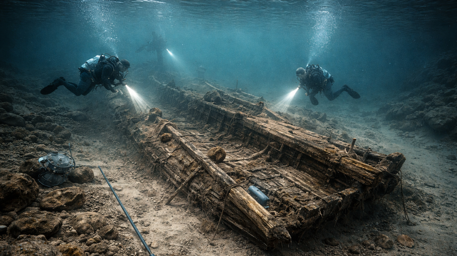 Realistický podmorský pohľad na vrak stredovekej obchodnej lode čiastočne zasypanej sedimentmi pri archeologickom výskume pri Kodani