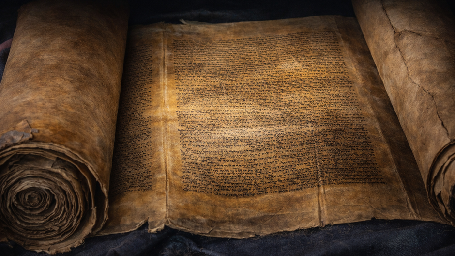 Staroveký zvitok Tóry nasvietený dramatickým svetlom na kamennom stole v dokumentárnom štýle.