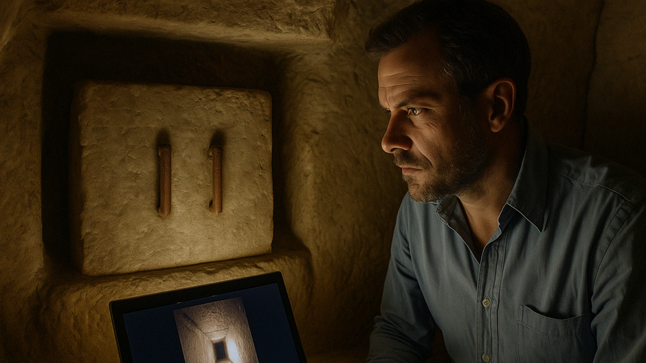 Rudolf Gantenbrink skúma tajné dvere s medenými kľučkami vo vnútri Veľkej pyramídy v Egypte, osvetlený svetlom z laptopu.