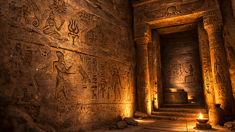 Staroveká egyptská hrobka s jemne viditeľnými starými nápismi na kamennej stene v Údolí kráľov