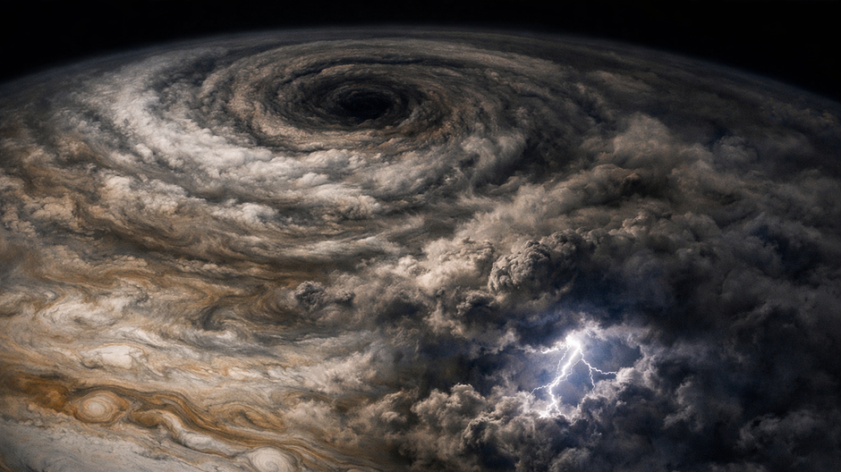 Fotorealistický pohľad na vír v atmosfére Jupitera s jasným bleskom uprostred tmavých oblakov.