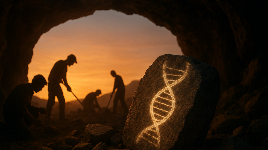 Dokumentárny 16:9 záber jaskynného výskumu s archeológmi v dramatickom svetle, pripomínajúci objav neandertálskej DNA v tmavej, skalnatej komore.