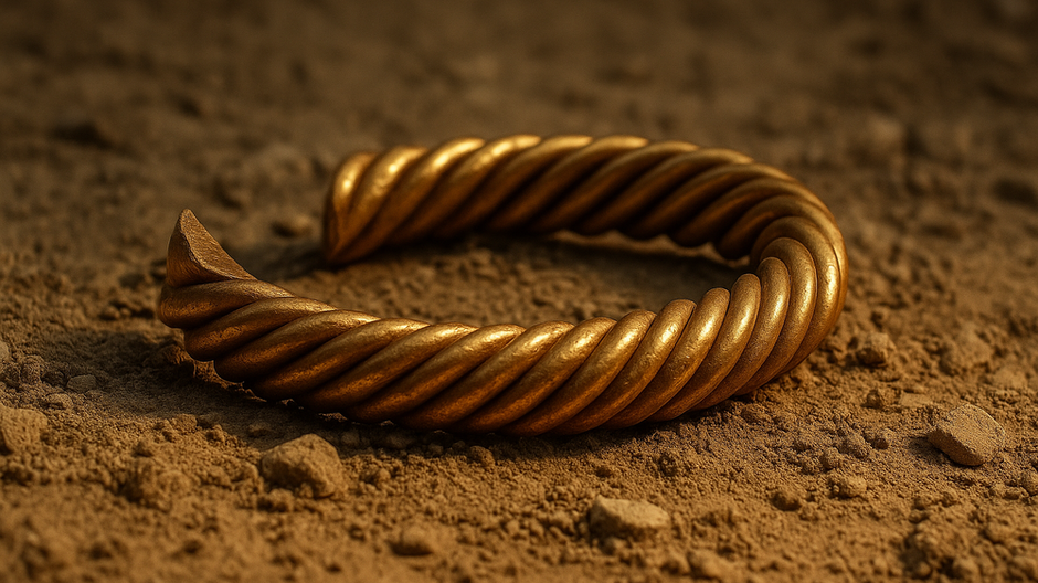 Detailný záber na fragment starovekého vikingského zlatého náramku s pleteným dizajnom, položený na piesočnatej pôde v zemitom teréne