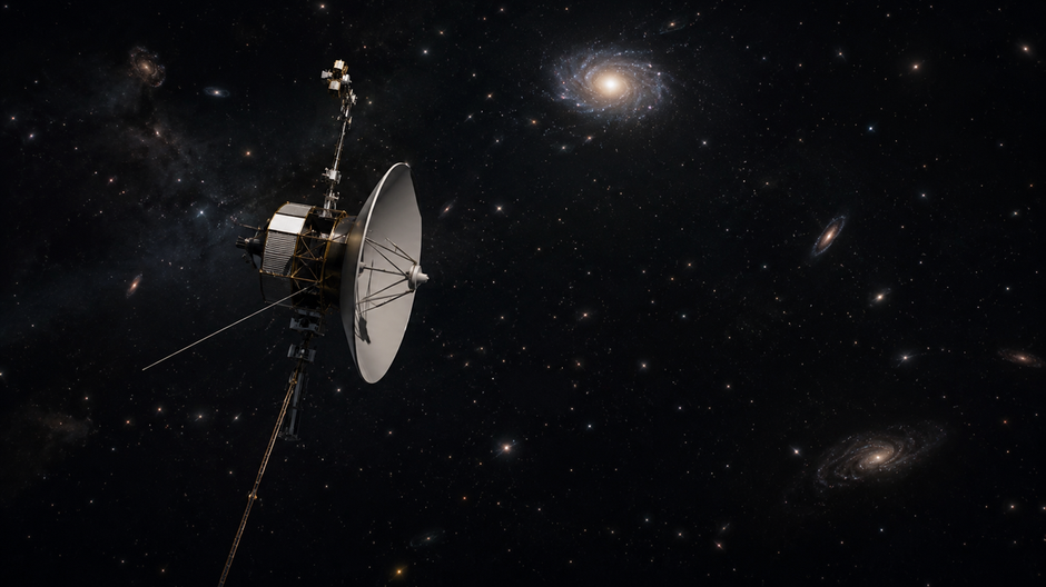 Fotorealistická vesmírna sonda na pozadí vzdialených galaxií a tmavého kozmu.