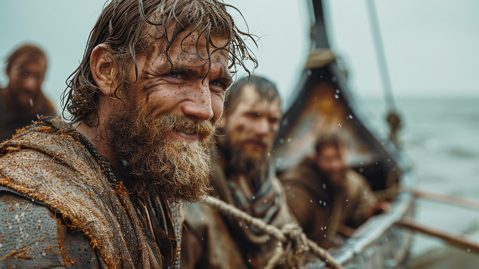 Vikingská loď s plachtou a vyrezávanou dračou hlavou prichádza k skalnatému brehu Severnej Ameriky, zatiaľ čo bojovníci vystupujú na pobrežie pod zamračenou oblohou