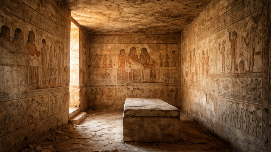 Fotorealistický pohľad do interiéru staroegyptskej hrobky z vápenca s vyblednutými nástennými maľbami, stopami erózie a prasklinami, osvetlený jemným bočným prirodzeným svetlom v dokumentárnom archeologickom štýle.