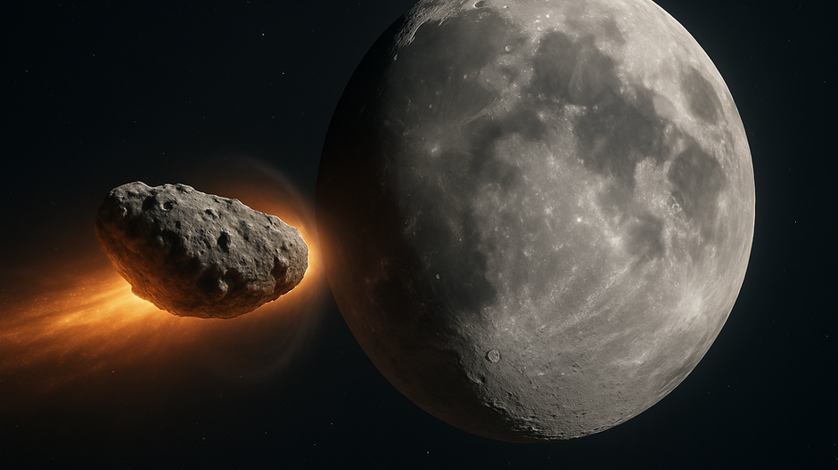 Digitálna ilustrácia zobrazuje asteroid 2024 YR4 letiaci k Mesiacu s horiacim chvostom a detailne nasvieteným mesačným povrchom,