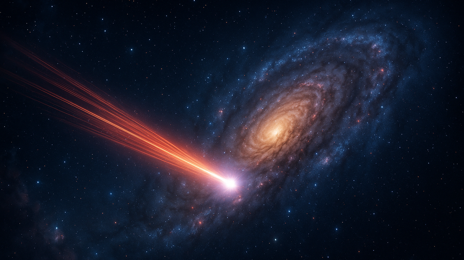 Ilustrácia rýchleho rádiového výboja FRB z hlbín vesmíru