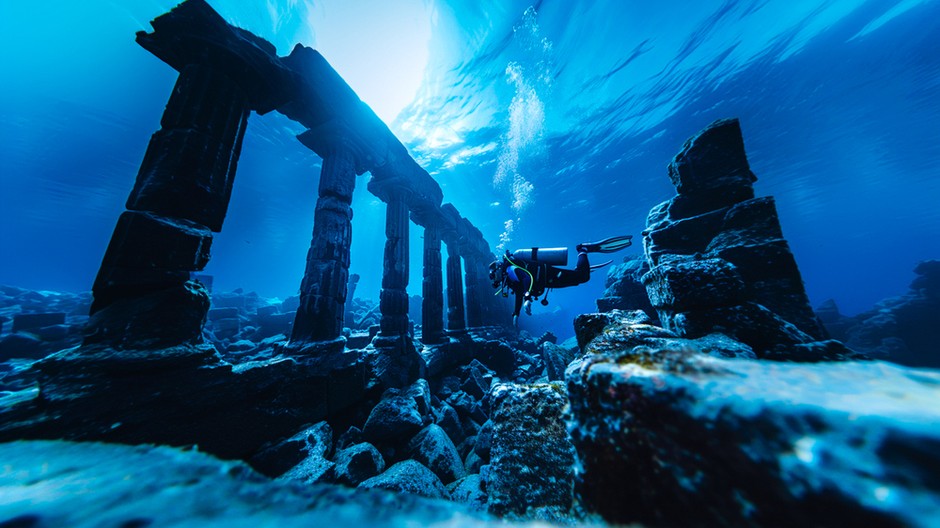 diver-sea-surrounded-by-archeological-building-ruins