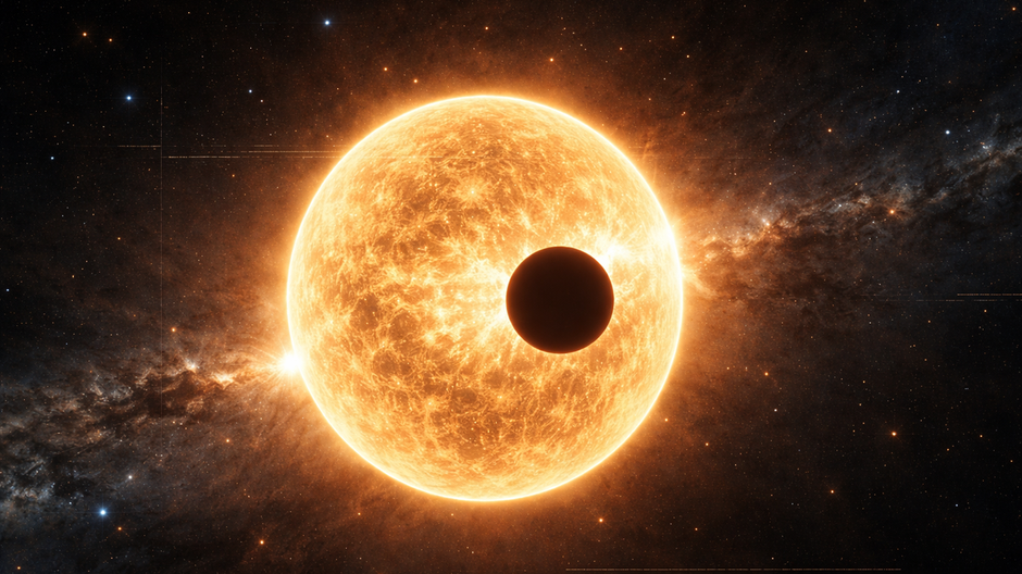 Fotorealistické zobrazenie exoplanéty prechádzajúcej pred jasnou hviezdou v hlbokom vesmíre.