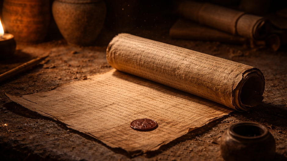 Detail starovekého papyru s gréckym rukopisom a pečaťou na kamennom stole, osvetlený fakľovým svetlom v archeologickej atmosfére