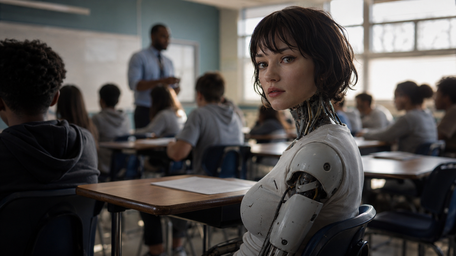Humanoidný robot sedí v školskej triede pripravenej na vyučovanie.