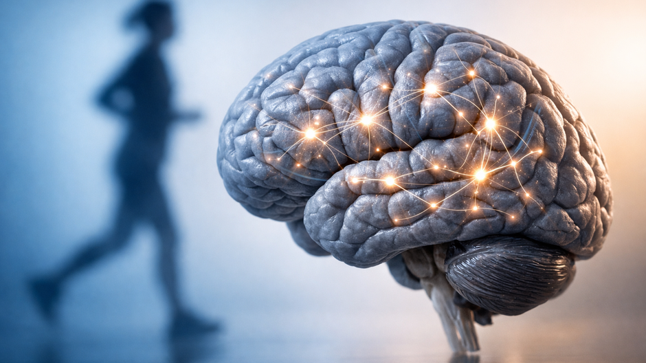 Fotorealistická vizualizácia ľudského mozgu s jemne žiariacimi neurálnymi spojeniami, v pozadí silueta bežiacej postavy