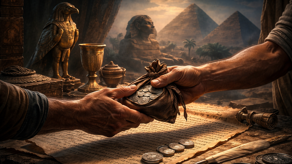 Detail rúk odovzdávajúcich mešec s mincami nad starovekým papyrusom v Egypte, symbol úplatku a manipulácie zaznamenanej v antickom dokumente.
