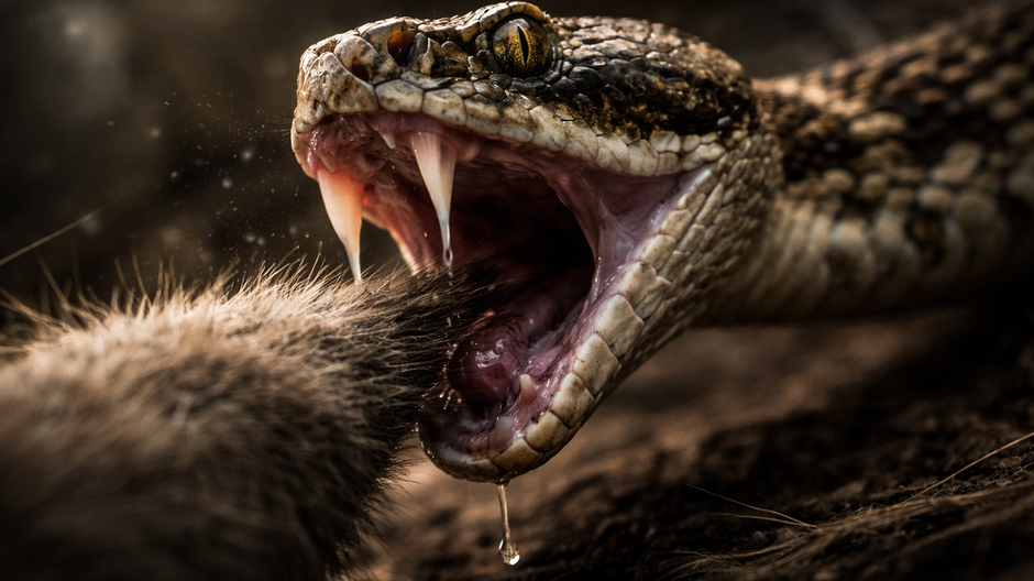 Jedovatý had v momente útoku so vztýčenými tesákmi zachytený v extrémnom detaile