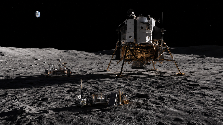 Lunárny lander a rover na povrchu Mesiaca predstavujúce budovanie budúcej základne NASA pri južnom póle.