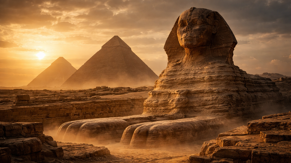 Veľká sfinga v Gíze s pyramídami v pozadí počas dramatického večerného svetla v egyptskej púšti.