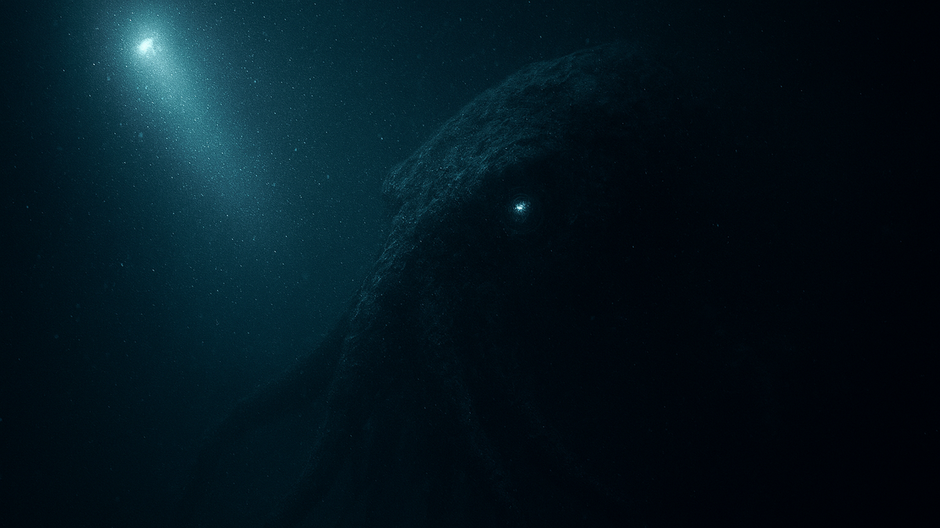 Fotorealistický záber hlbokomorskej priepasti, v ktorej lúč svetla odhaľuje obrovskú, neznámu morskú príšeru ukrytú v temnote.