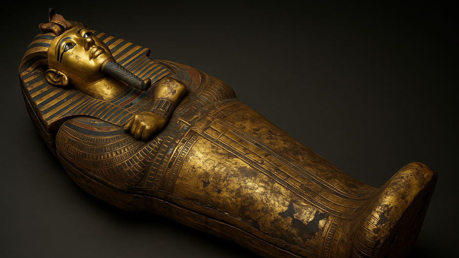 Zlatý sarkofág Tutanchamóna so stopami poškodenia a obhorenia.