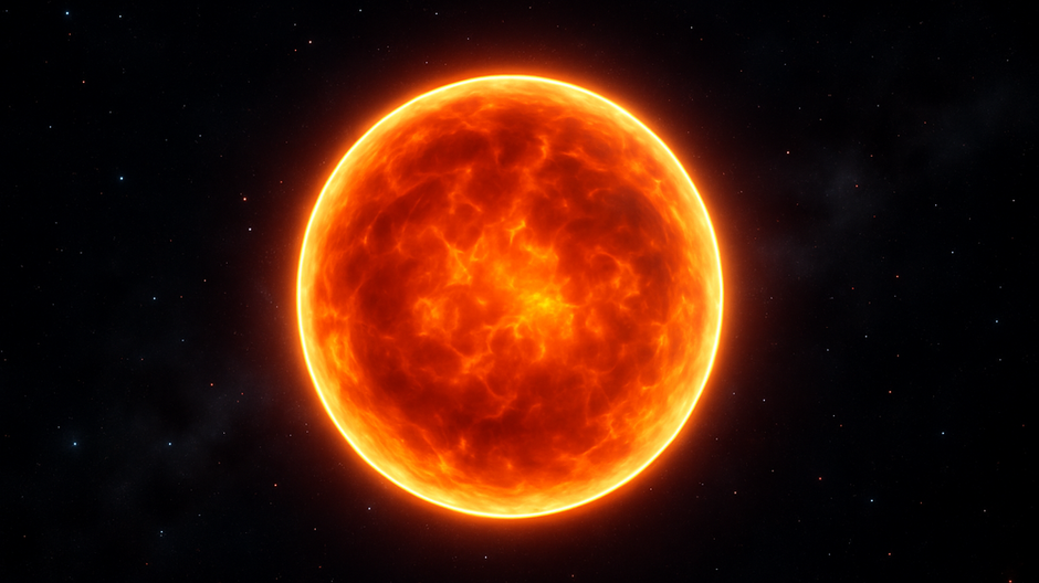 Žiariaca plazmová guľa v hlbokom vesmíre, obklopená hviezdami a kozmickým prachom, s jasne oranžovým svetlom a dokonalým tvarom.