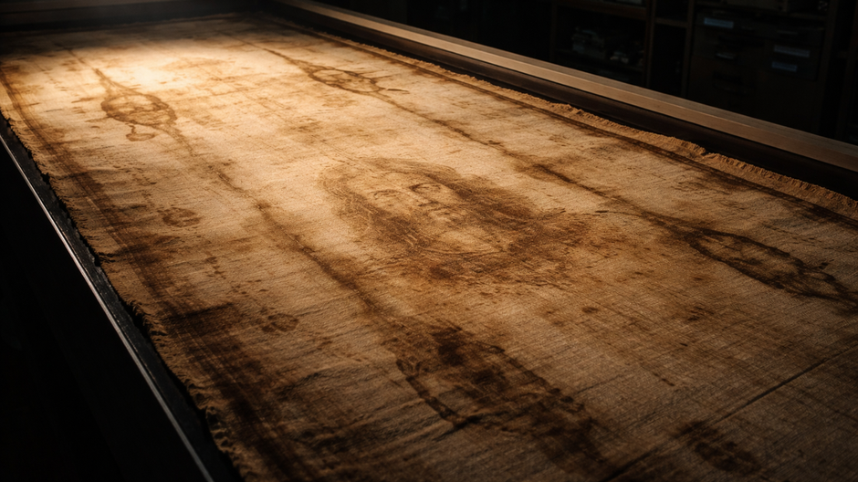 Turínske plátno rozprestreté pod dramatickým svetlom v dokumentárnom štýle