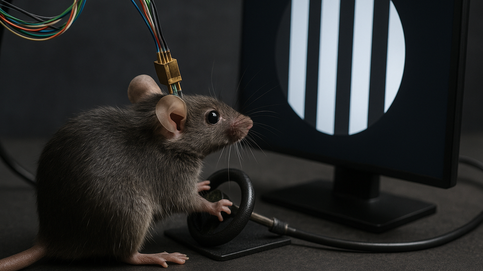 Vedecký experiment, pri ktorom myš pomocou volantu reaguje na vizuálne podnety, zatiaľ čo jej mozog monitorujú elektródy