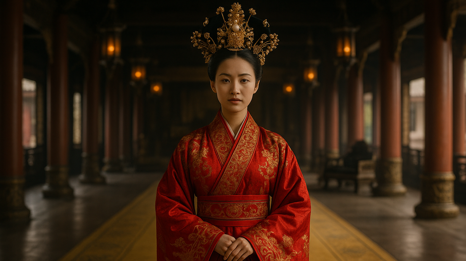 Fotorealistický záber čínskej cisárovnej v červenom hodvábnom rúchu s korunou z perál, stojacej v historickom paláci s červenými stĺpmi a zlatým kobercom