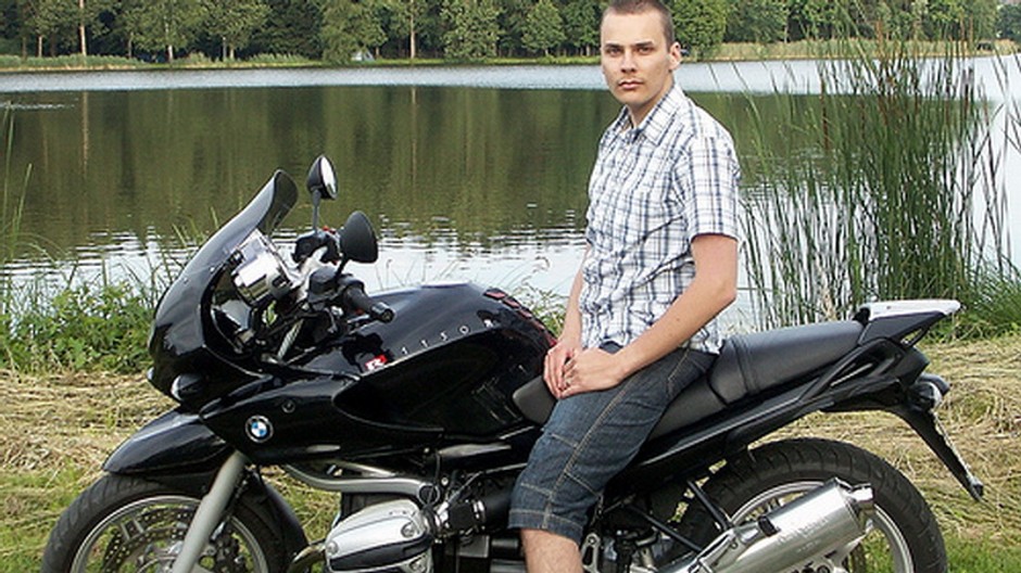 Motorka, motocykel, chlapec, muž, príroda, jazero