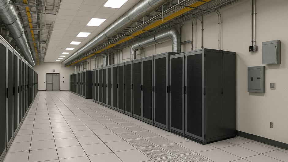 Fotorealistický interiér moderného dátového centra s radmi serverových rackov a technickou infraštruktúrou, zachytený v štýle dokumentárnej fotografie.