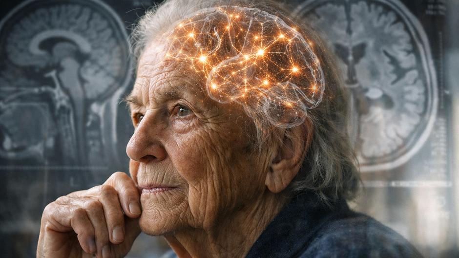 Detailný portrét staršieho človeka v osemdesiatke so sústredeným výrazom, jemne nasvieteného prirodzeným svetlom z okna, s transparentným prekrytím žiariacich neurónových spojení v mozgu a realistickými prvkami MRI snímky v pozadí.