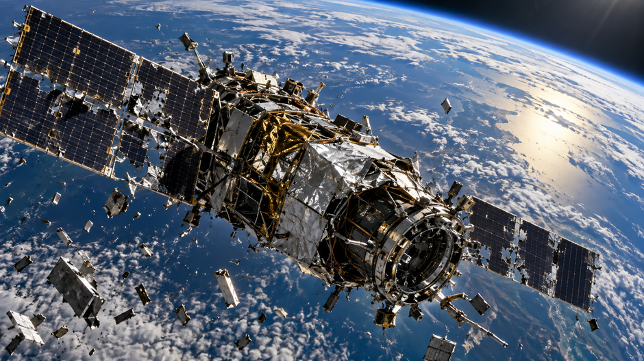 Ilustračná rekonštrukcia poškodeného satelitu a úlomkov vesmírneho odpadu na obežnej dráhe Zeme.