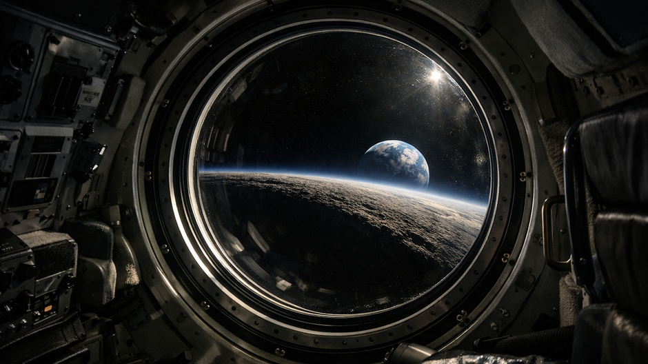 Pohľad z okna kozmickej lode na Zem a Mesiac počas misie Artemis II v dramatickom dokumentárnom štýle