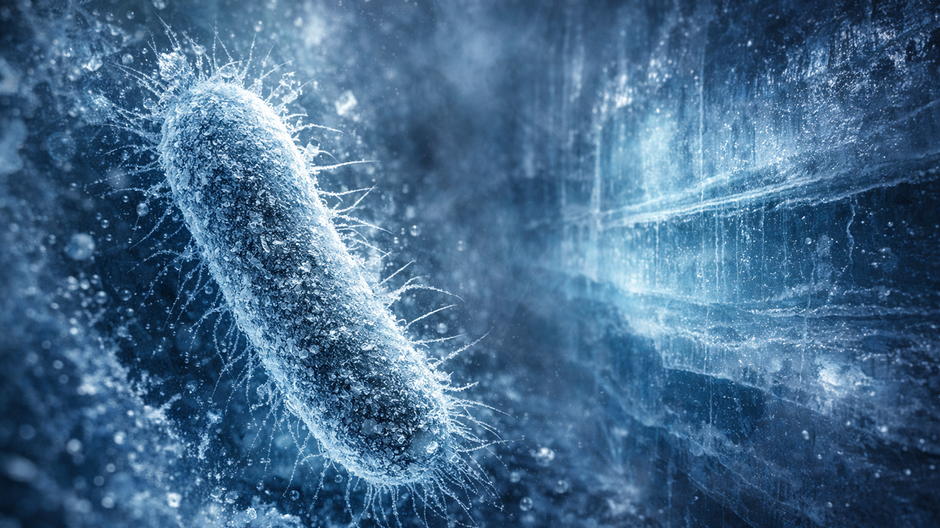 Photorealistic ultra-detailed macro view of an ancient bacterium suspended inside translucent blue glacial ice, extreme microscope-level detail showing textured cell membrane and crystalline frost structures surrounding it, dramatic cold blue and white li