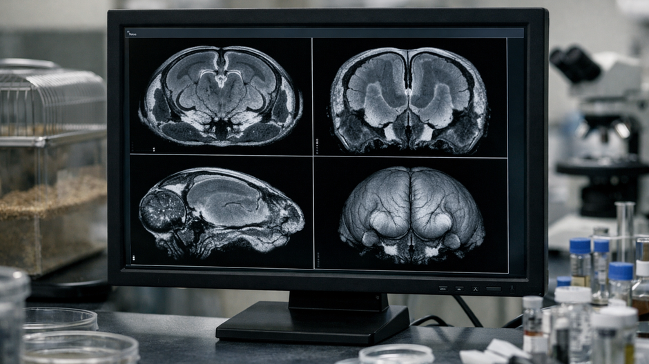 Vedecké laboratórium s monitorom zobrazujúcim detailné MRI rezy mozgu laboratórneho potkana, v pozadí rozostrené sterilné prístroje a výskumné vybavenie, neutrálne klinické osvetlenie, dokumentárny štýl.