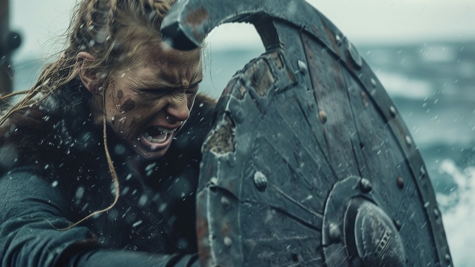 portrét vikingskej bojovníčky pri boji