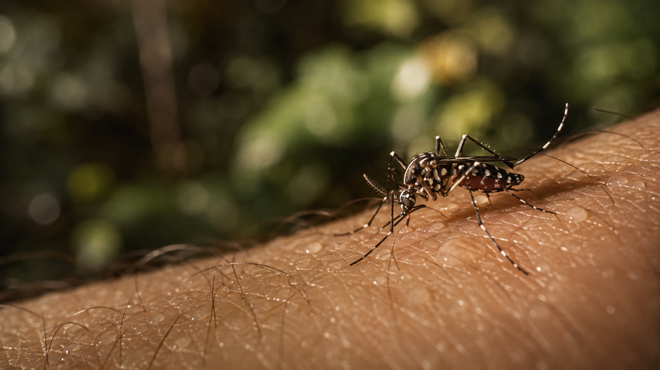 Komár Aedes pristávajúci na ľudskej koži, ktorej chemické zloženie a mikrobióm môžu ovplyvňovať jeho výber hostiteľa.