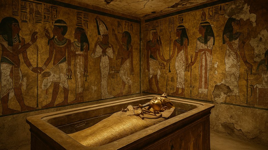 Interiér Tutanchamonovej hrobky s trhlinami v strope a poškodenými freskami, naznačujúcimi riziko zrútenia a poškodenia výzdoby.