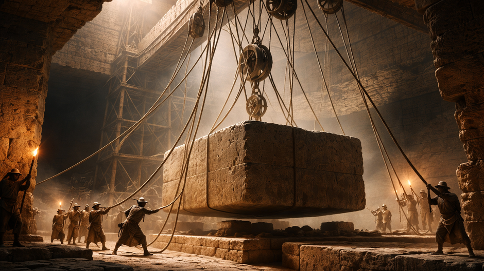 Rekonštrukcia vnútra egyptskej pyramídy so systémom kladiek a protizávaží pri zdvíhaní masívneho kamenného bloku