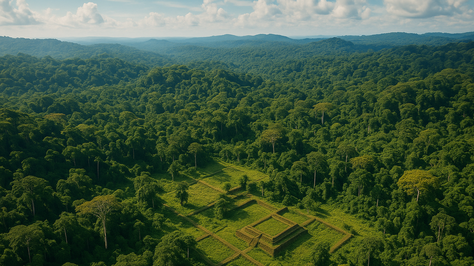 Letecký pohľad na amazonský prales v Ekvádore s jemne viditeľnými pravouhlými štruktúrami a terasami, ktoré naznačujú skryté staroveké mesto v údolí Upano.