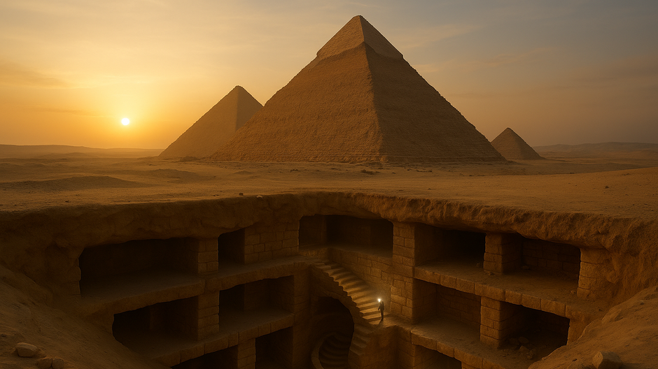 Letecký pohľad na pyramídy v Gíze s naznačenými podzemnými komorami a šachtami odhalenými umelou inteligenciou.