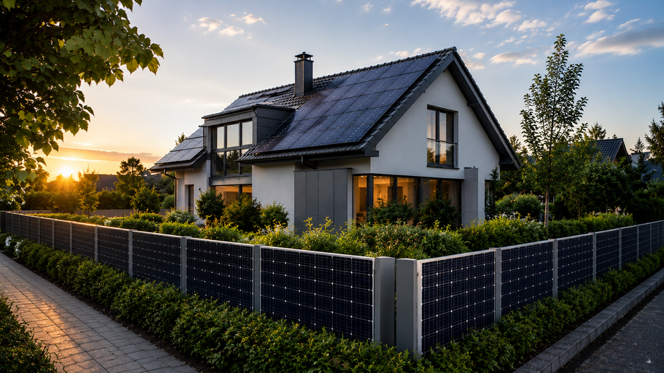 Moderný rodinný dom so solárnym plotom vyrábajúcim elektrickú energiu.
