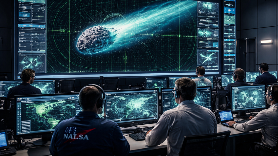 Vedci v riadiacom centre NASA sledujú radarové dáta a trajektórie vesmírnych objektov počas cvičenia planetárnej obrany Zeme.