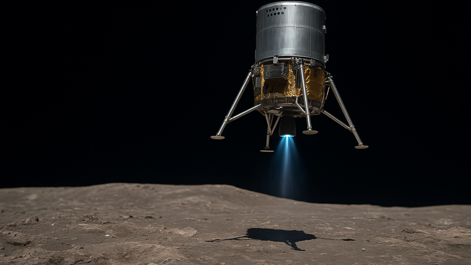 Detailný render lunárneho pristávacieho modulu Resilience nad mesačným povrchom s aktívnym modrým výbojom z trysky, formát 