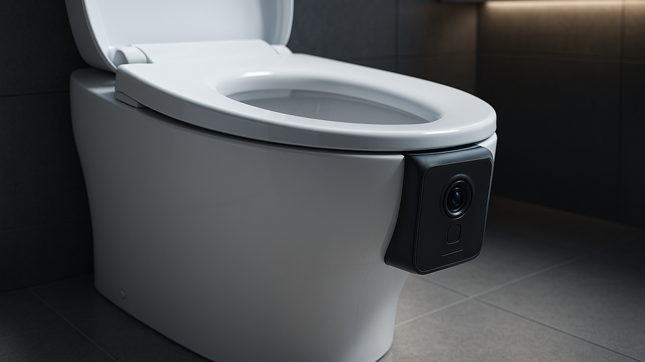 Detail moderného smart záchodu s integrovanou kamerou, fotorealistické osvetlenie a čistý minimalistický dizajn kúpeľne.