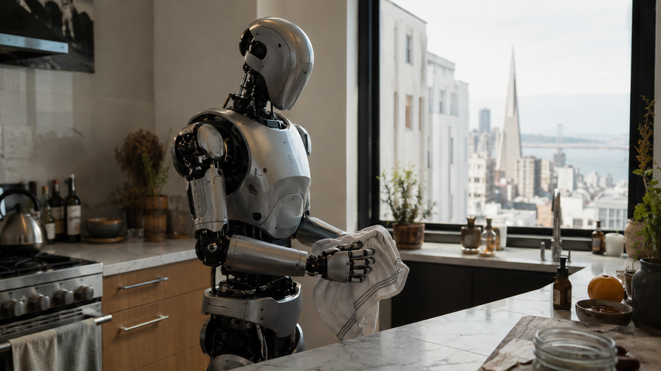 Humanoidný robot upratuje modernú kuchyňu v byte, čo ilustruje novú službu startupu Gatsby.