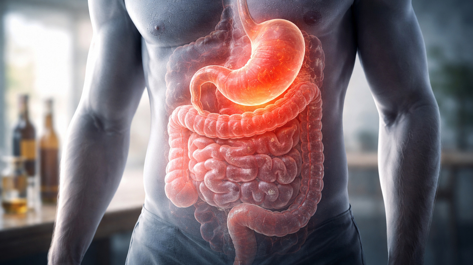 Ilustrácia ľudského trupu so zvýrazneným žalúdkom a črevami, znázorňujúca vplyv krátkodobého intenzívneho pitia alkoholu na tráviaci systém.