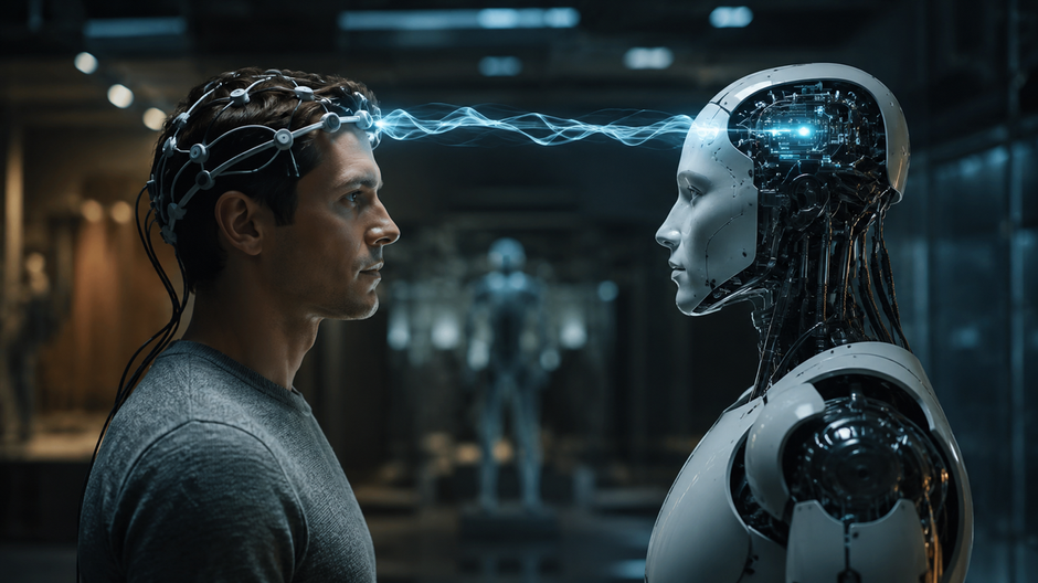 Humanoidný robot reaguje na príkazy používateľa s EEG čelenkou.