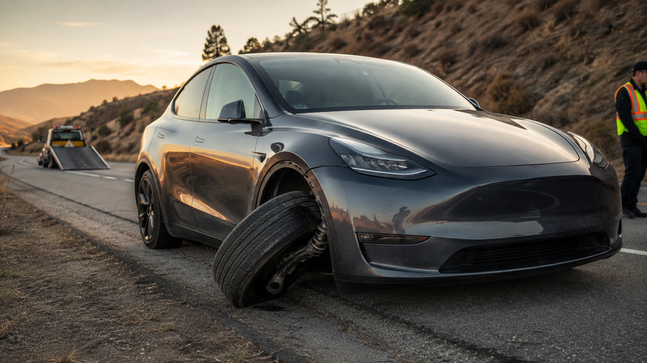 Tesla Model Y odstavená pri ceste po možnom zlyhaní predného zavesenia kolies.  VIDEO TIP