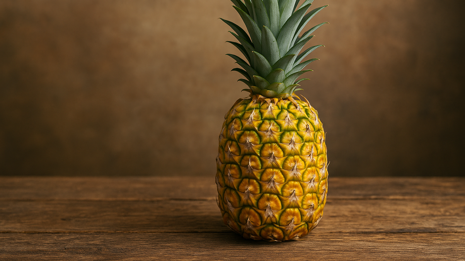 Fotorealistický detail čerstvého ananásu na drevenom podnose s vystúpenými štruktúrami a listami, symbolizujúci prírodný enzým bromelaín