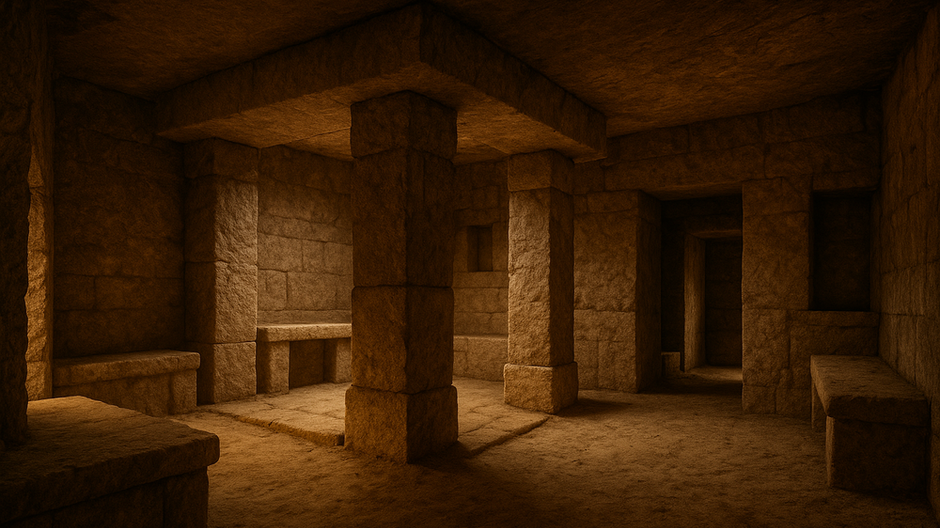 Kamenná podzemná komora s piliermi a lavicami, pravdepodobne najstaršia známa stavba ľudstva, objavená pod egyptskou púšťou.